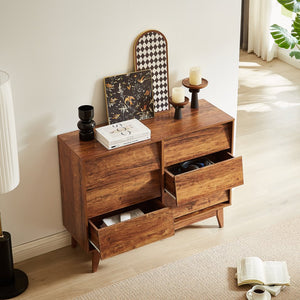 English Elm 6 Drawer Double Dresser with Vintage Bevel Design, Brown MDF, Smooth Glide Drawers, Stylish Storage Solution W578P191570