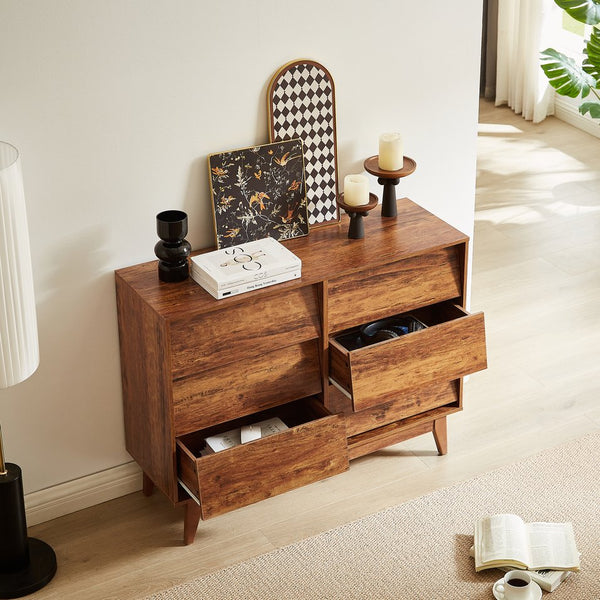 English Elm 6 Drawer Double Dresser with Vintage Bevel Design, Brown MDF, Smooth Glide Drawers, Stylish Storage Solution W578P191570