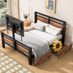 English Elm Twin Twin Size Metal Platform Bed with MDF Headboard, 2 Underbed Storage Drawers & Rotating TV Mount, Black - Low-Profile Modern Design WF309871AAB