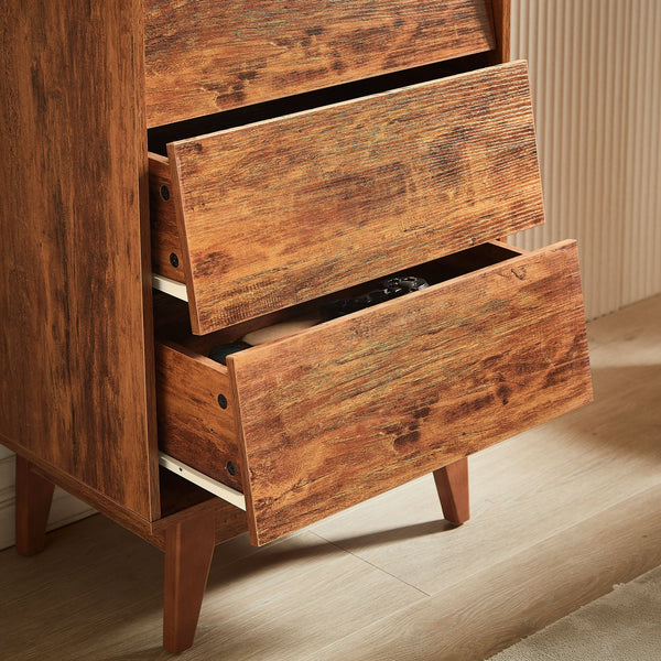 English Elm 4 Drawer Double Dresser with Vintage Bevel Design, Brown MDF Storage Chest for Tidy Rooms, Compact Elegance W578132027