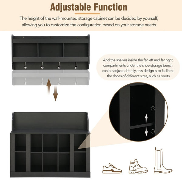 English Elm On-trend Matte Black Entryway Bench with Wall Cabinet Ten Compartments Four Hooks WF313576AAB
