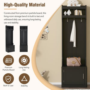 English Elm On-trend Slim Hall Tree Entryway Bench with Cabinet Six Hooks Matte Foyer Storage Black N721P249243B