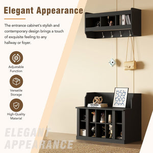 English Elm On-trend Matte Black Entryway Bench with Wall Cabinet Ten Compartments Four Hooks WF313576AAB