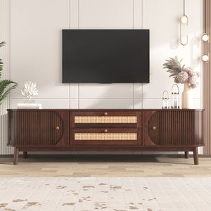 English Elm Rattan Modern Farmhouse TV Stand for TVs up to 75" with Rattan Drawers, Sliding Doors, Cable Management and Solid Wood Legs WF316663AAP