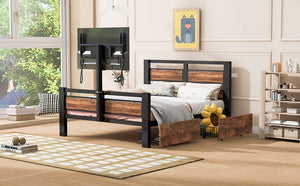 English Elm Twin Twin Size Metal Platform Bed with MDF Headboard, 2 Underbed Storage Drawers & Rotating TV Mount, Black - Low-Profile Modern Design WF309871AAB