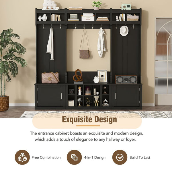 English Elm On-trend Modular Entryway Hall Tree with Hooks Shoe Cubbies Bench and Shelves Black N721S000025B