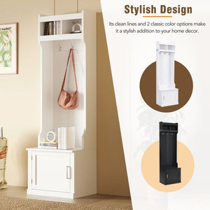 English Elm On-trend Slim Hall Tree Entryway Bench with Cabinet Six Hooks Matte Foyer Storage White N721P249243K