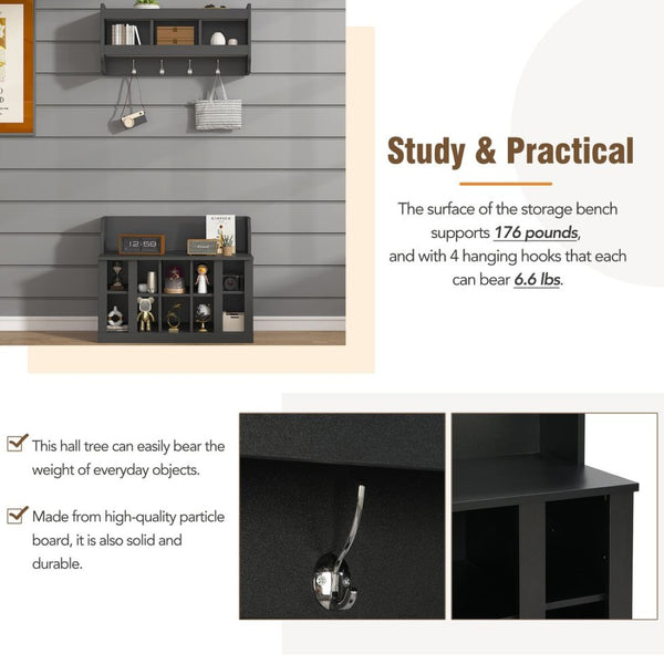 English Elm On-trend Matte Black Entryway Bench with Wall Cabinet Ten Compartments Four Hooks WF313576AAB