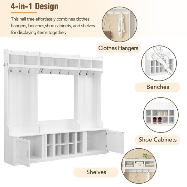 English Elm On-trend Modular Entryway Hall Tree with Hooks Shoe Cubbies Bench and Shelves White N721S000025K