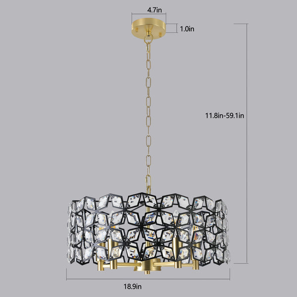 English Elm 19" Geometric Crystal BlackGold Round Pendant Chandelier, Modern 5-Light K9 Accent Light Fixture for Dining Room, Living Room, Kitchen (Bulb Not Included) W1340120158