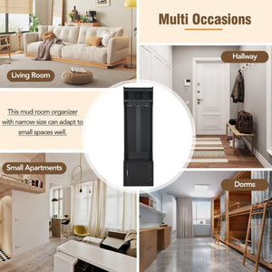 English Elm On-trend Slim Hall Tree Entryway Bench with Cabinet Six Hooks Matte Foyer Storage Black N721P249243B