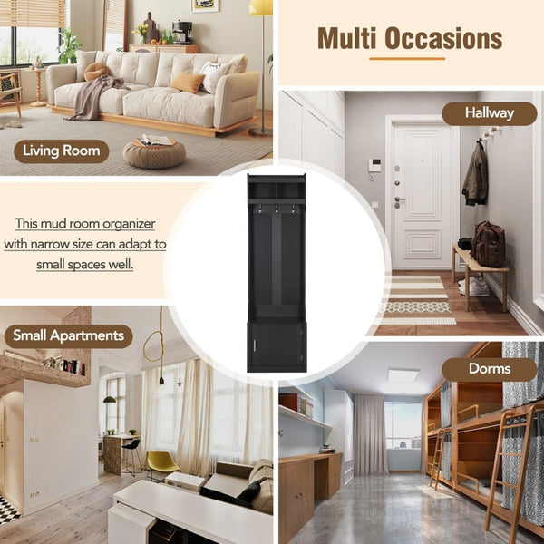English Elm On-trend Slim Hall Tree Entryway Bench with Cabinet Six Hooks Matte Foyer Storage Black N721P249243B