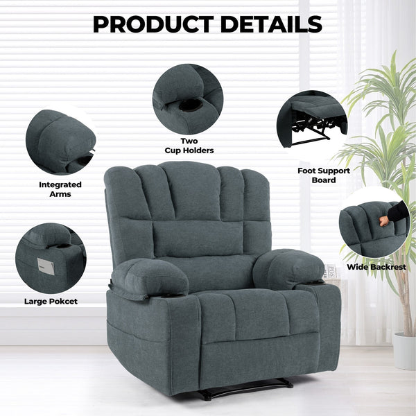 English Elm Massage Recliner Chair with Heating, 8-Point Vibration, 5 Modes, Cup Holders, Lumbar Support and Timer Grey W1403P152415