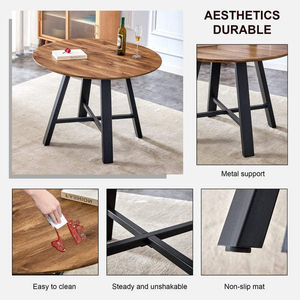 English Elm A modern minimalist circular wooden dining table 42” MDF tabletop, black metal legs, quick 15‑min assembly, versatile home office decor W1151P195678