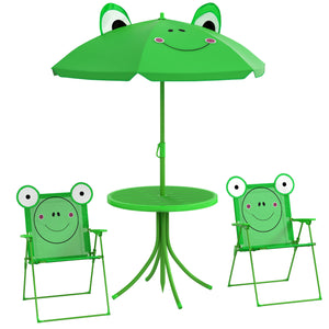 English Elm Folding Kids Table and Chair Set with Froggy Umbrella – Portable Metal 4-Piece Patio Picnic Set, Green W2225P152515