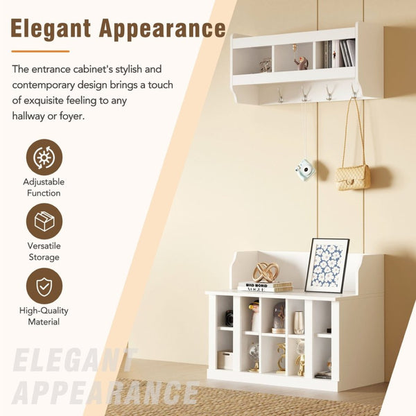 English Elm On-trend Two-piece White Hall Tree with Bench Ten Shoe Cubbies and Cabinet WF313576AAK