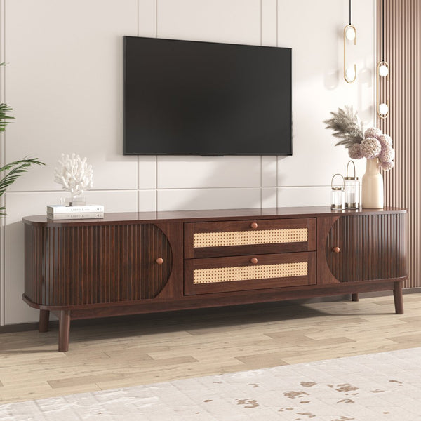 English Elm Rattan Modern Farmhouse TV Stand for TVs up to 75" with Rattan Drawers, Sliding Doors, Cable Management and Solid Wood Legs WF316663AAP