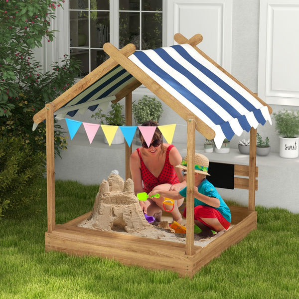 English Elm Wooden Playhouse Sandbox with Canopy Solid Fir Backyard Play Set for Kids W2225P152512