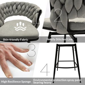 English Elm 28" Linen Woven Bar Chair Set of 2 - 360° Swivel Upholstered Counter Stools with Backrest, Grey T2396P279779