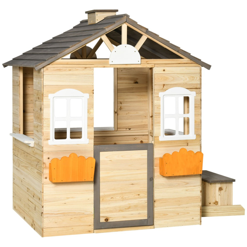 English Elm Wooden Fir Outdoor Kids Playhouse Cottage with Bench Service Station and Garden Features W2225P152520