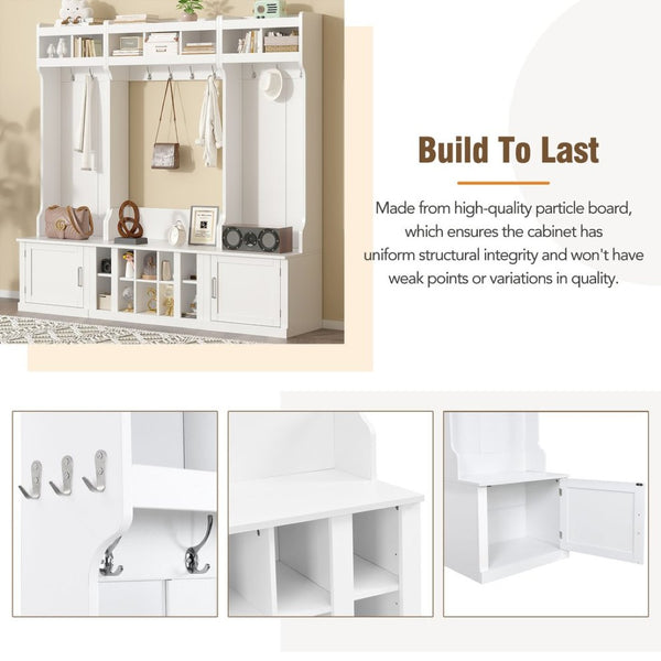 English Elm On-trend Modular Entryway Hall Tree with Hooks Shoe Cubbies Bench and Shelves White N721S000025K
