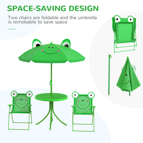 English Elm Folding Kids Table and Chair Set with Froggy Umbrella – Portable Metal 4-Piece Patio Picnic Set, Green W2225P152515