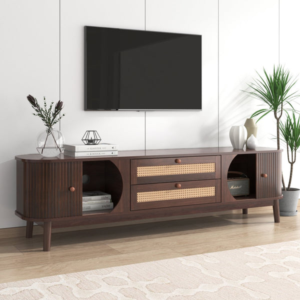 English Elm Rattan Modern Farmhouse TV Stand for TVs up to 75" with Rattan Drawers, Sliding Doors, Cable Management and Solid Wood Legs WF316663AAP