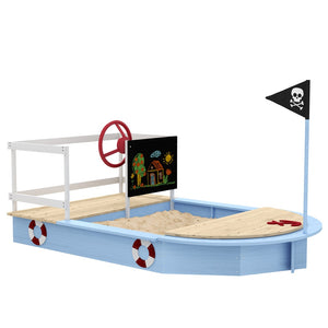 English Elm Wooden Pirate Ship Sandbox with Chalkboard Bench Seats and Toy Storage for Kids W2225P152510