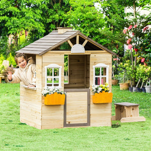 English Elm Wooden Fir Outdoor Kids Playhouse Cottage with Bench Service Station and Garden Features W2225P152520