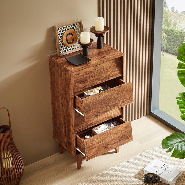 English Elm 4 Drawer Double Dresser with Vintage Bevel Design, Brown MDF Storage Chest for Tidy Rooms, Compact Elegance W578132027