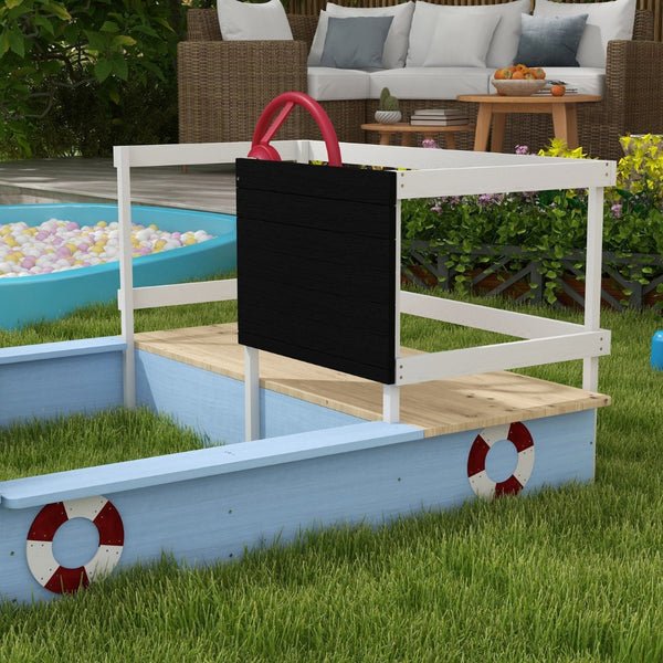 English Elm Wooden Pirate Ship Sandbox with Chalkboard Bench Seats and Toy Storage for Kids W2225P152510