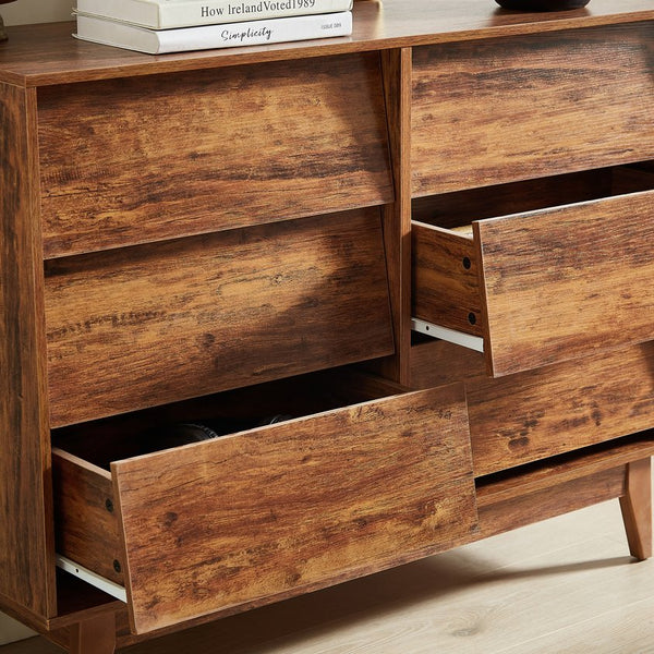 English Elm 6 Drawer Double Dresser with Vintage Bevel Design, Brown MDF, Smooth Glide Drawers, Stylish Storage Solution W578P191570