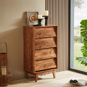 English Elm 4 Drawer Double Dresser with Vintage Bevel Design, Brown MDF Storage Chest for Tidy Rooms, Compact Elegance W578132027
