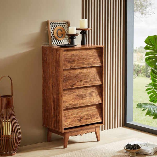 English Elm 4 Drawer Double Dresser with Vintage Bevel Design, Brown MDF Storage Chest for Tidy Rooms, Compact Elegance W578132027