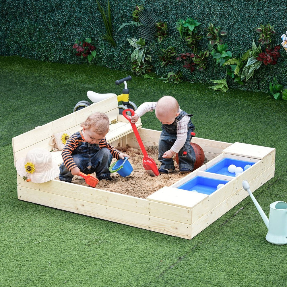 English Elm Kids Solid Fir Wood Outdoor Sandbox with Bench Seating Waterproof Cover and Storage W2225P152506