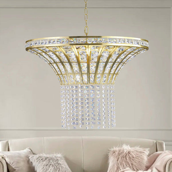 English Elm (Same 24" Modern Crystal Round Chandelier Gold Finish - Elegant Cascading Bead Pendant Light for Dining, Foyer, Living Room (No Bulbs) W1340120181