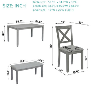 English Elm 6 Piece Kitchen Dining Set – Modern Rectangular Table & 4 Upholstered Chairs With Bench In Gray Finish W1998S00004