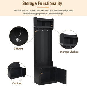 English Elm On-trend Slim Hall Tree Entryway Bench with Cabinet Six Hooks Matte Foyer Storage Black N721P249243B