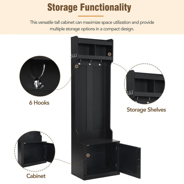 English Elm On-trend Slim Hall Tree Entryway Bench with Cabinet Six Hooks Matte Foyer Storage Black N721P249243B