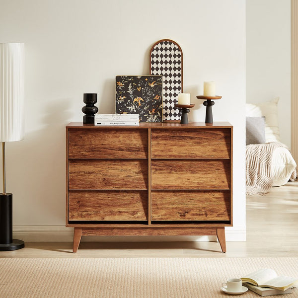 English Elm 6 Drawer Double Dresser with Vintage Bevel Design, Brown MDF, Smooth Glide Drawers, Stylish Storage Solution W578P191570