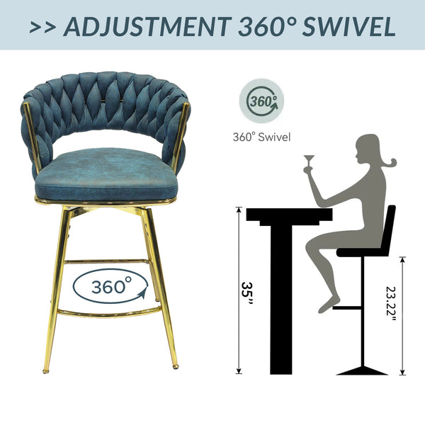 English Elm 26" Suede Woven Bar Chair Set of 2 - Blue Technical Leather 360° Swivel, Gold Legs, Counter Height Comfort W2189132047