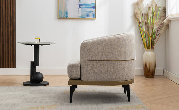 English Elm Modern Two-tone Barrel Chair with Linen & PU Leather, Ergonomic Round Armchair with Metal Legs, Cozy Cushion Comfort Mustard 30 L x 28 W x 22 H WF316987AAG