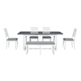 Hearth and Haven Topmax Modern 78Inch 6-Piece Extendable Dining Table Set, 4 Upholstered Dining Chairs and Dining Bench, 18" Butterfly Leaf, White SP000039AAK