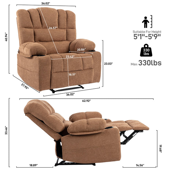 English Elm Massage Recliner Chair with Heating, 8-Point Vibration, 5 Modes, Cup Holders, Lumbar Support and Timer Brown W1403P152417