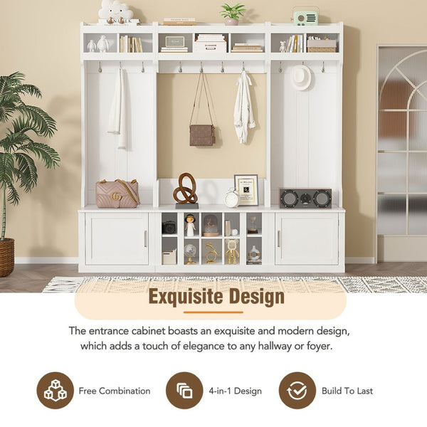 English Elm On-trend Modular Entryway Hall Tree with Hooks Shoe Cubbies Bench and Shelves White N721S000025K