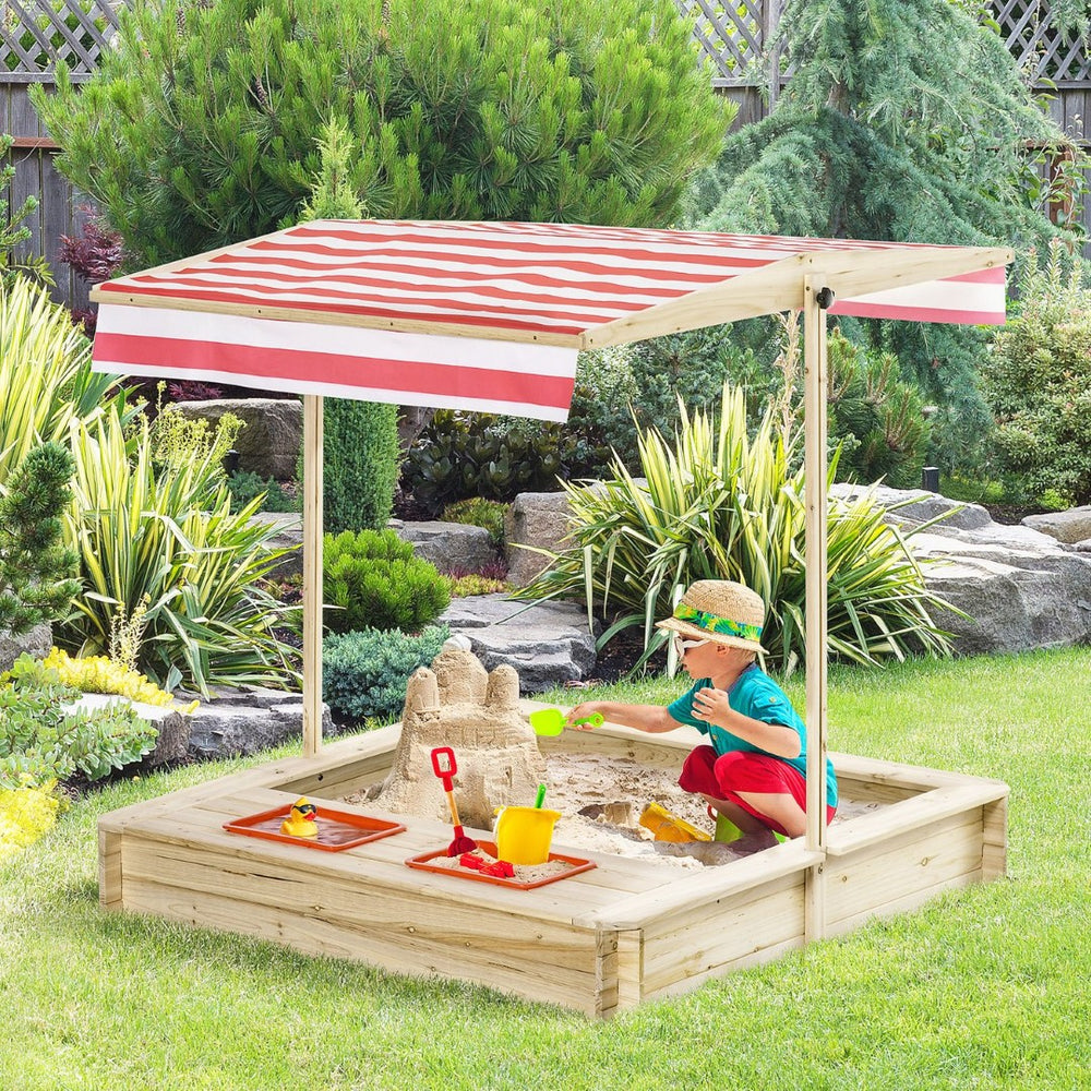 English Elm Kids Fir Wood Outdoor Sandbox with Adjustable Canopy Uv Shade and Fabric Liner W2225P152507
