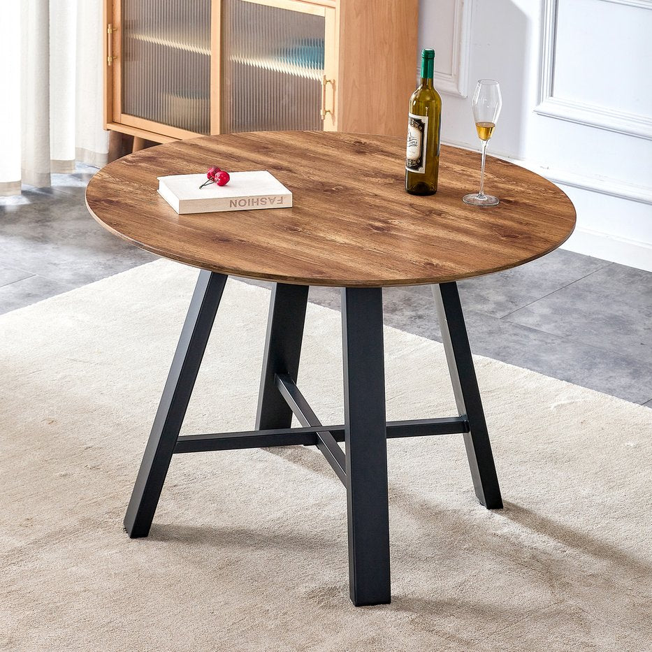 English Elm A modern minimalist circular wooden dining table 42” MDF tabletop, black metal legs, quick 15‑min assembly, versatile home office decor W1151P195678