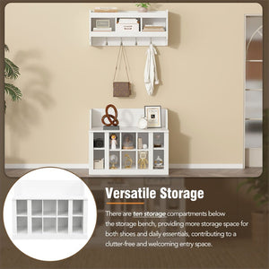 English Elm On-trend Two-piece White Hall Tree with Bench Ten Shoe Cubbies and Cabinet WF313576AAK