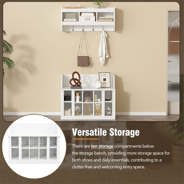 English Elm On-trend Two-piece White Hall Tree with Bench Ten Shoe Cubbies and Cabinet WF313576AAK