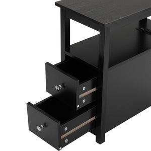 English Elm End Narrow Sofa Side Table with Charging Station, Black MDF Nightstand, Drawer & Shelf, 24"H, ETL W2181P152443